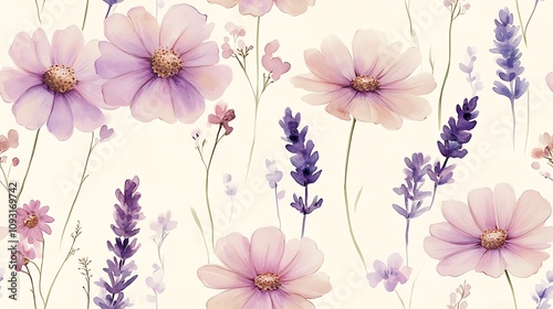 Seamless pattern of watercolor pastel daisies and lavender sprigs, soft pink and light purple hues, delicate green stems, airy and flowing design, hand-painted style, intricate floral details,