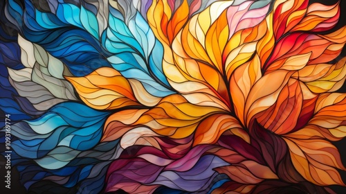 A colorful painting of a flower with blue, red, and yellow colors