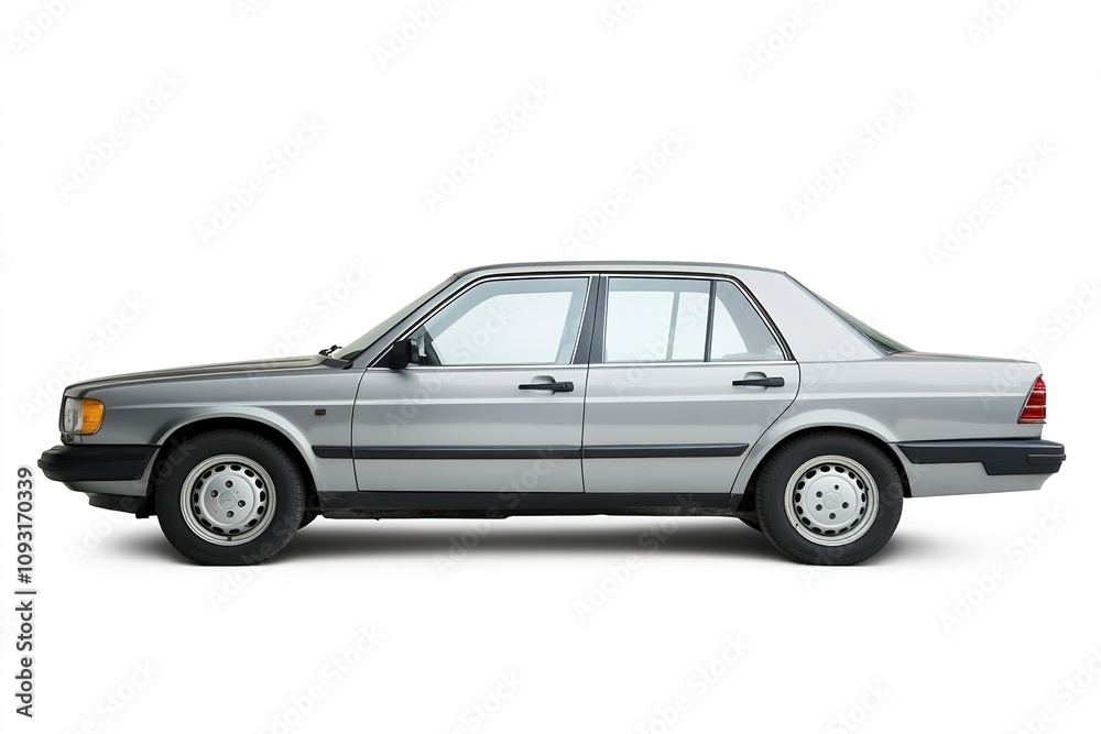 Silver classic sedan on white background, side view Silver classic sedan on white background, side view