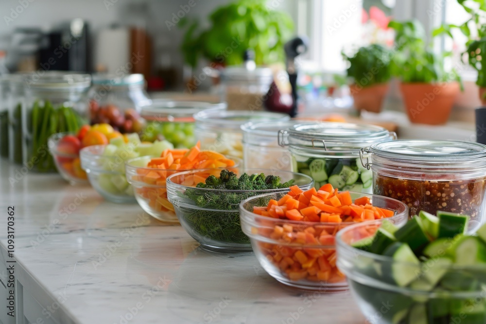 Freshly chopped vegetables displayed in clear bowls Freshly chopped vegetables displayed in clear bowls