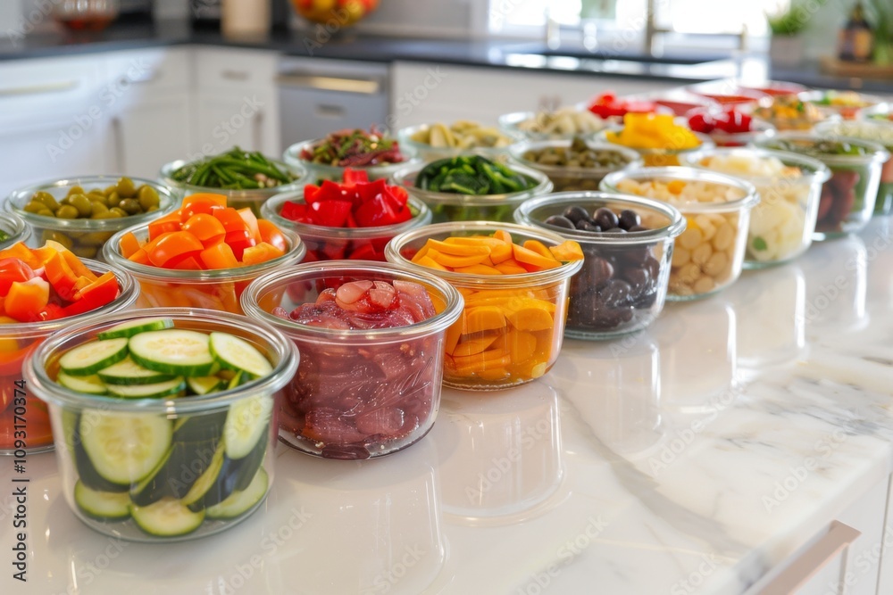 Freshly chopped vegetables displayed in clear bowls Freshly chopped vegetables displayed in clear bowls
