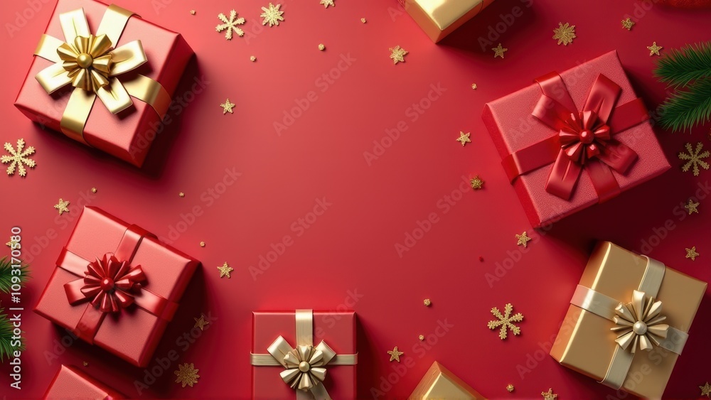 Festive Red and Gold Christmas Gift Boxes on Red Background with copy space Festive Red and Gold Christmas Gift Boxes on Red Background with copy space