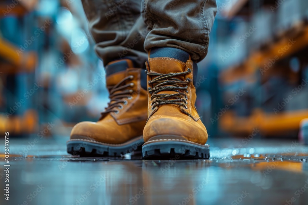 Close up of safety workers shoes in factory Close up of safety workers shoes in factory