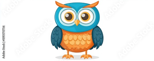 A colorful cartoon owl with large eyes, featuring blue, orange, and green hues, standing upright and looking curiously. photo