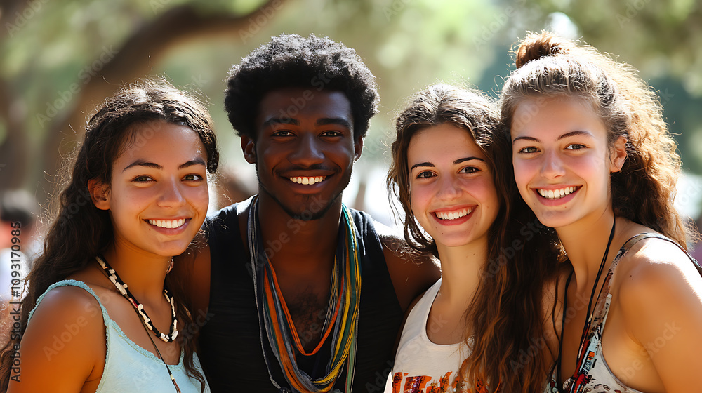 Young friends of different races smiling happily together in sunny outdoor setting, showcasing joy and friendship