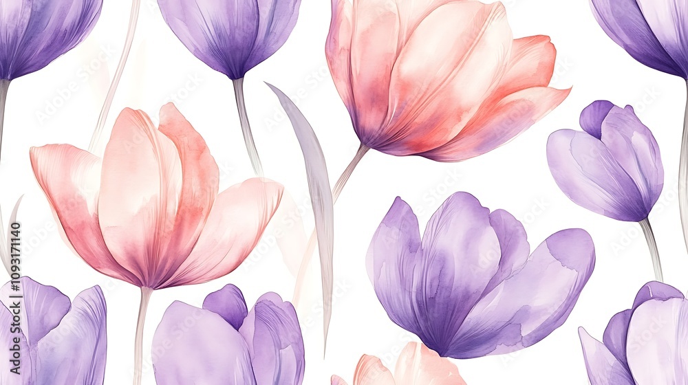 Fototapeta premium Seamless pattern of watercolor tulips, pastel shades of lavender and baby pink, delicate petals, loose and flowing brush strokes, airy and elegant design, hand-painted style, intricate floral details,