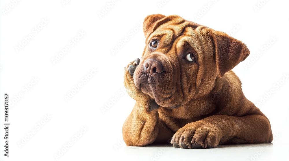 Thoughtful shar pei with wrinkly skin on white background a captivating pet portrait