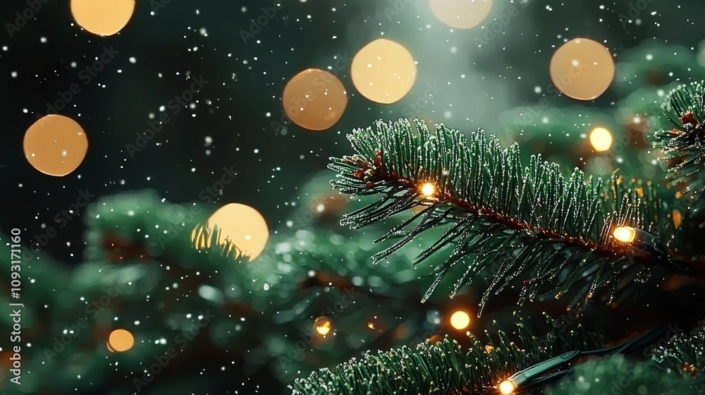 Naklejka premium Green christmas background with tree branches and bokeh lights, Generative AI , isolated on white background, , copy space, copy space for text,