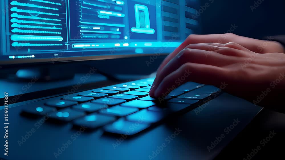 A person typing on a keyboard in a dark room with a glowing blue futuristic interface on a computer screen.