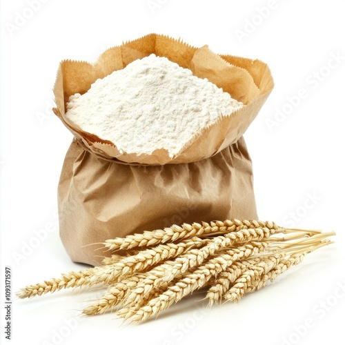 Flour-filled paper sack with wheat stalks around base. photo