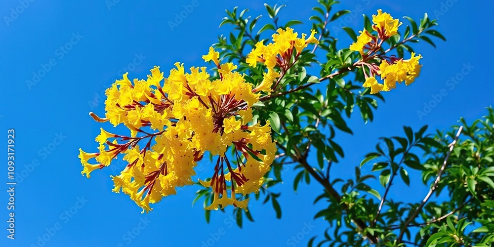 Obraz premium Yellow flowers of Senna spectabilis on a tree with dense leaves against a bright blue sky, nature, vibrant blooms