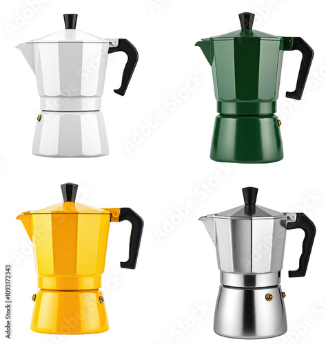 Collection of Modern Moka Pots: Green, Whitem Yellow, Silver Colors in Vibrant Colors on Transparent Background photo