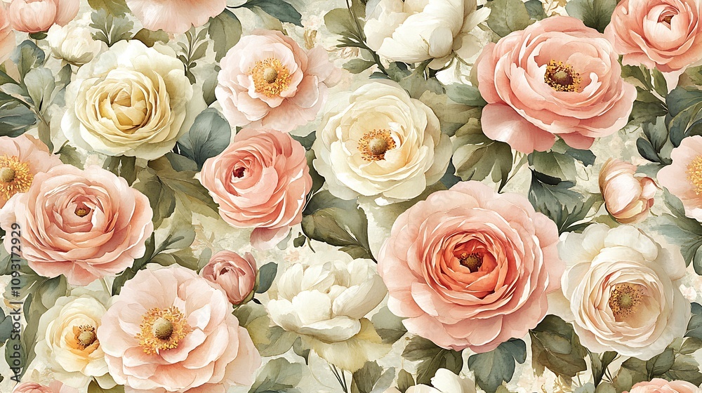 Seamless watercolor pattern of pastel ranunculus flowers, soft pinks, peaches, and creams, delicate leaf clusters, intricate petal details, airy and elegant design, fluid brush strokes, Seamless watercolor pattern of pastel ranunculus flowers, soft pinks, peaches, and creams, delicate leaf clusters, intricate petal details, airy and elegant design, fluid brush strokes,