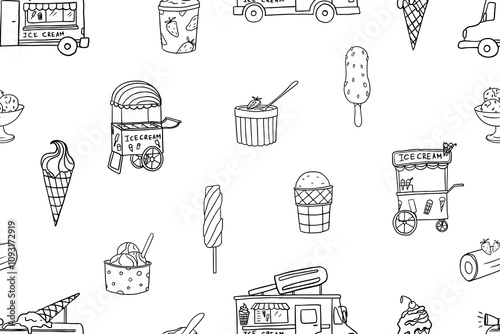 Seamless pattern of ice cream van, ice cream truck and ice cream in a waffle cone. Gelato. Great for summer dessert menu design, banner, sites, packaging. Hand drawn. Doodle style.