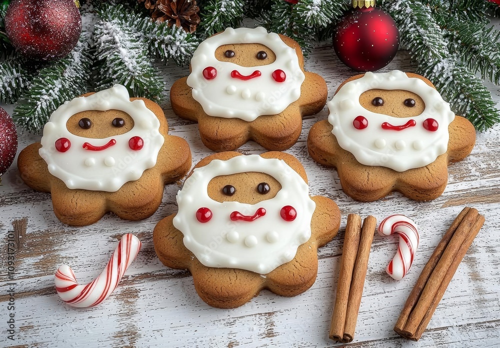 hyper realistic photo of Christmas gingerbread funny cookies with fir branches, cinnamon sticks, candy cane and decoration flat lay on wooden table, copy space hyper realistic photo of Christmas gingerbread funny cookies with fir branches, cinnamon sticks, candy cane and decoration flat lay on wooden table, copy space
