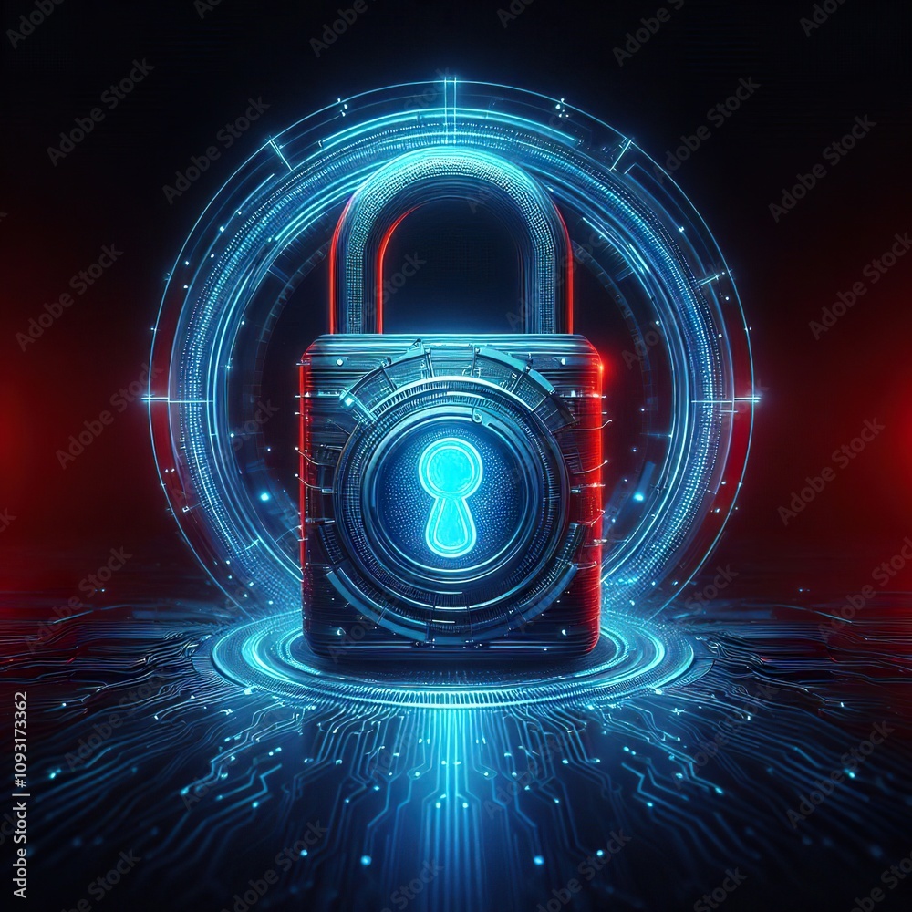 futuristic metal padlock glowing blue representing cyber security protecting against hostile incoming attaches in red futuristic metal padlock glowing blue representing cyber security protecting against hostile incoming attaches in red