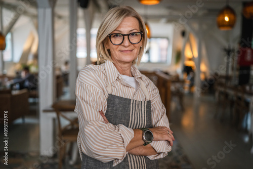Portrait of a happy mature woman stand at restaurant arm crossed