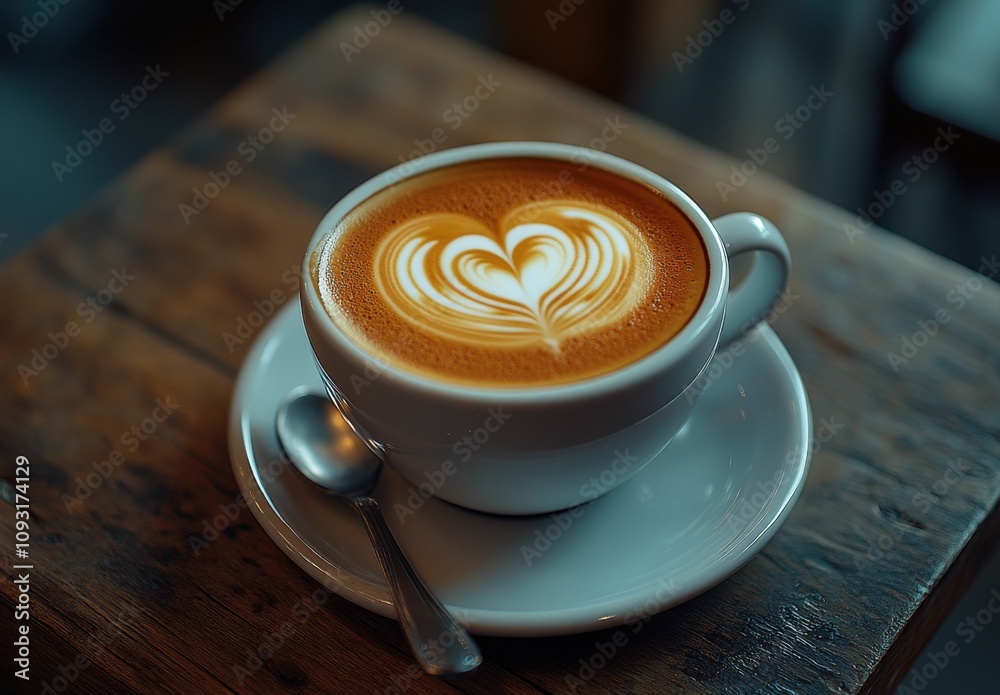 A Close-Up View of a Beautifully Crafted Latte Art with Heart Shape Design Served in a White Cup on a Rustic Wooden Table A Close-Up View of a Beautifully Crafted Latte Art with Heart Shape Design Served in a White Cup on a Rustic Wooden Table