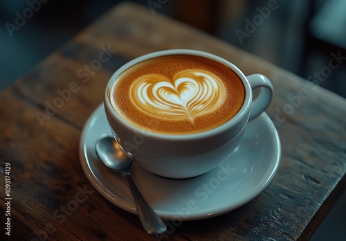 A Close-Up View of a Beautifully Crafted Latte Art with Heart Shape Design Served in a White Cup on a Rustic Wooden Table