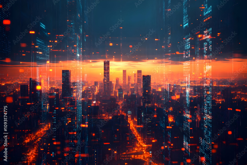 Illustration - Cyberpunk Cityscape Sunset Data Stream Illustration - Cyberpunk Cityscape Sunset Data Stream