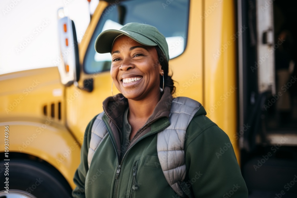 Smiling portrait of a African American middle aged female truck driver Smiling portrait of a African American middle aged female truck driver