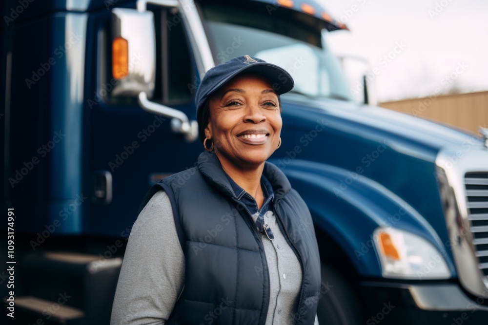 Smiling portrait of a African American middle aged female truck driver Smiling portrait of a African American middle aged female truck driver