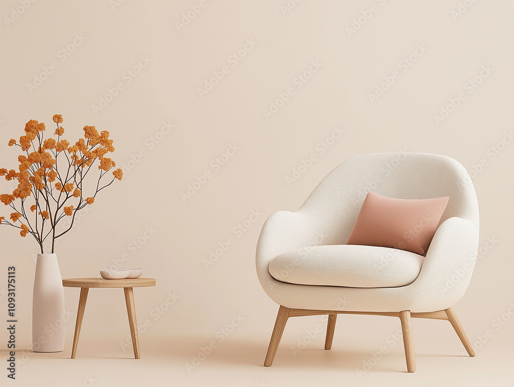 Cozy Minimalist Living Room: A soft, white armchair with a blush-toned pillow sits invitingly next to a wooden side table with a vase of dried flowers. The warm. Cozy Minimalist Living Room: A soft, white armchair with a blush-toned pillow sits invitingly next to a wooden side table with a vase of dried flowers. The warm.