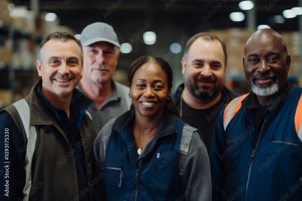 Group portrait of diverse middle aged warehouse workers