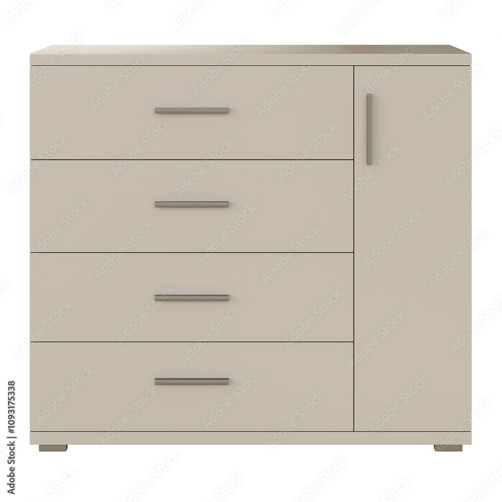 A white dresser with four drawers and a cabinet A white dresser with four drawers and a cabinet