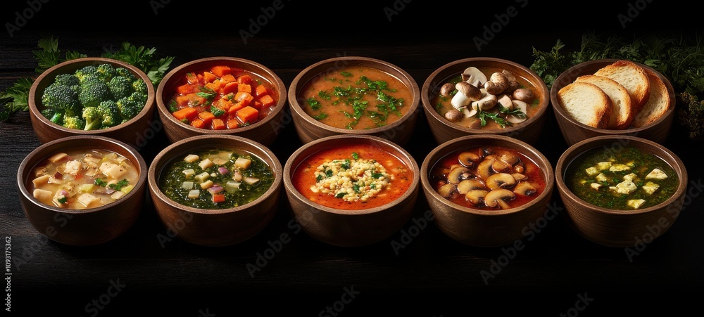 A Colorful Array of Delicious Bowls Featuring Various Soups, Stews, and Fresh Vegetables on a Rustic Wooden Background for Culinary Inspiration A Colorful Array of Delicious Bowls Featuring Various Soups, Stews, and Fresh Vegetables on a Rustic Wooden Background for Culinary Inspiration