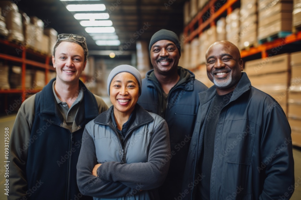 Group portrait of diverse middle aged warehouse workers Group portrait of diverse middle aged warehouse workers
