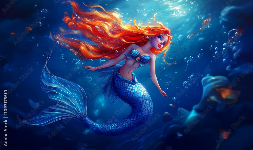 Beautiful mermaid swimming in the depths, illustration generative AI
Beautiful mermaid swimming in the depths, illustration generative AI