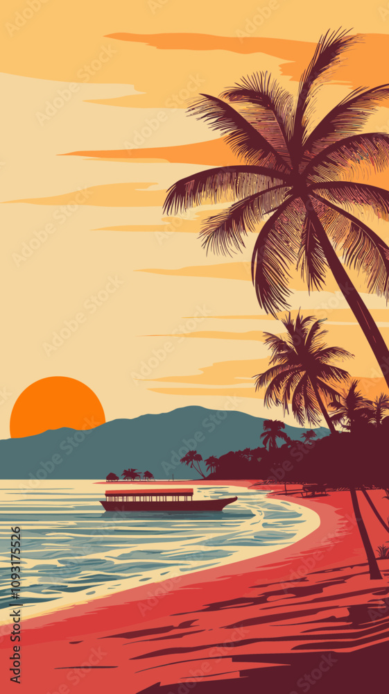Phu Quoc Island Sunset Beach WPA Poster Art Deco Style Vector Illustration