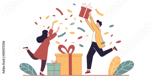 website banner. payments gift boxes, confetti and happiness. giving users feeling of happiness and excitement. abstract background