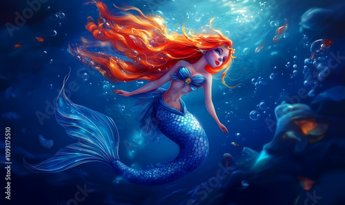 Beautiful mermaid swimming in the depths, illustration generative AI
