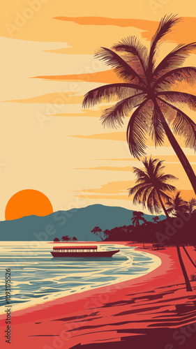 Phu Quoc Island Sunset Beach WPA Poster Art Deco Style Vector Illustration