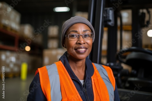 Portrait of a middle aged female forklift worker in warehouse