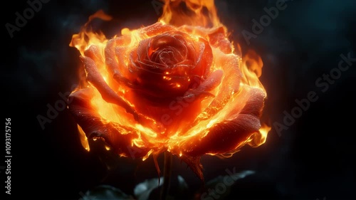 A red rose engulfed in flames on dark background. Slow motion