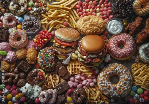 A Colorful Array of Fast Food and Sweet Treats Spread on a Table Displaying Burgers, Donuts, Sweets, and Savory Snacks for an Indulgent Feast Experience