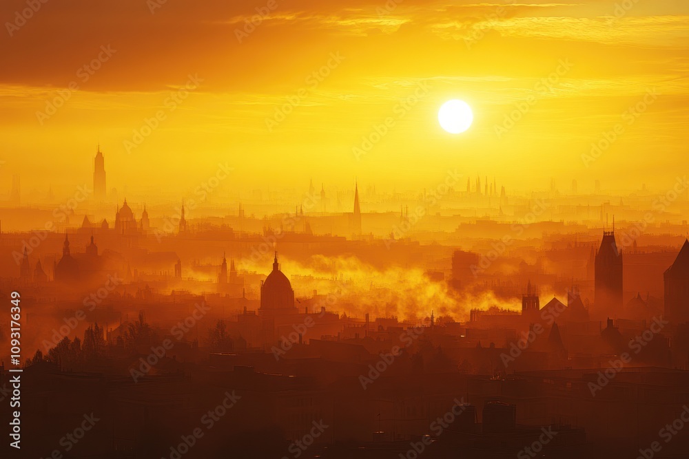 Obraz premium Golden Sunrise Over Cityscape Skyline Buildings Sun