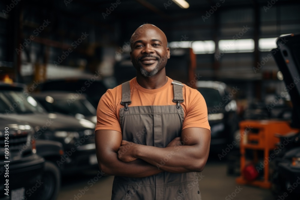 Smiling portrait of a middle aged car mechanic Smiling portrait of a middle aged car mechanic