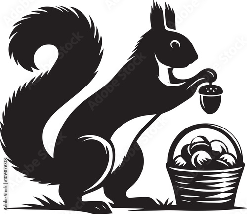 A squirrel tipping over a small basket of acorns silhouette vector