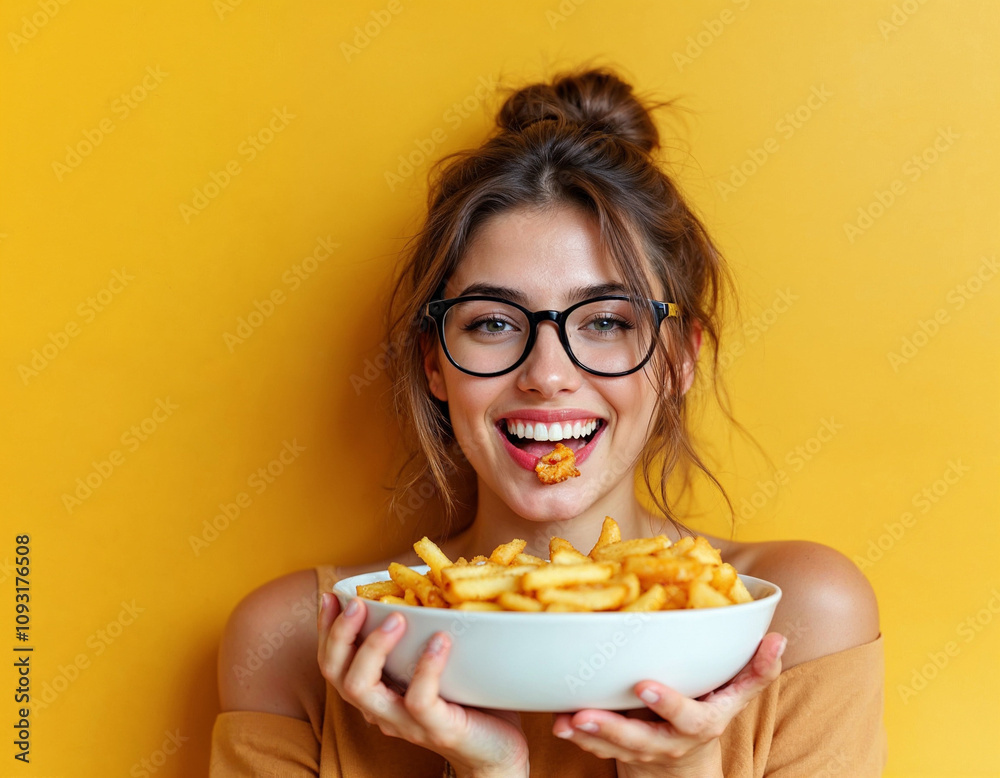 Brunette woman with glasses posing playfully in front of a yellow wall Brunette woman with glasses posing playfully in front of a yellow wall