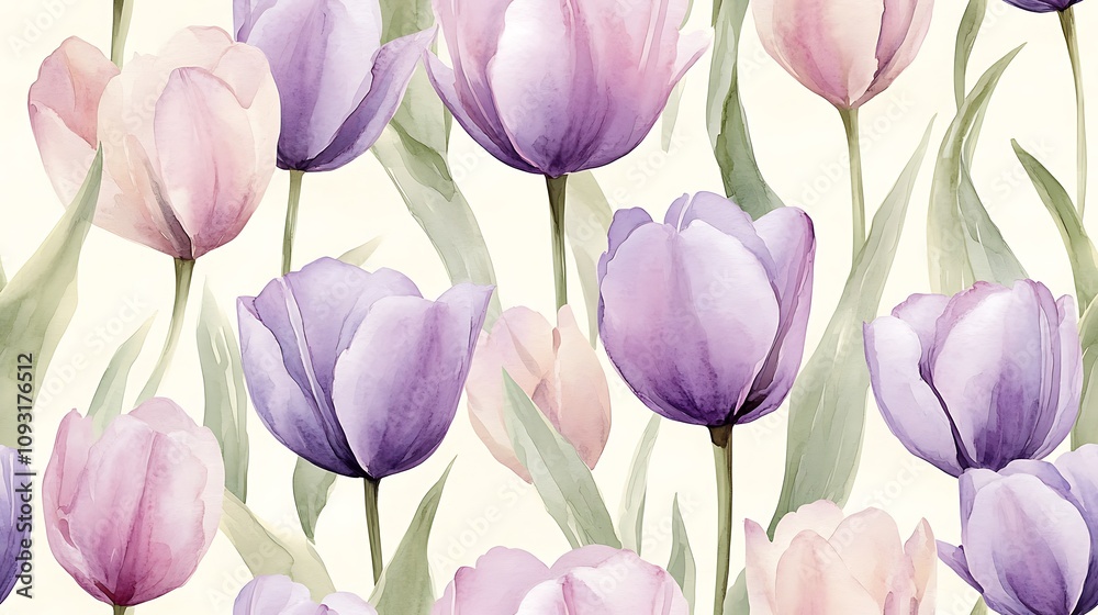 Obraz premium Watercolor seamless design featuring pastel lavender and pink tulips, delicate petals, airy green leaves, loose brush strokes, hand-drawn style, intricate and flowing composition,
