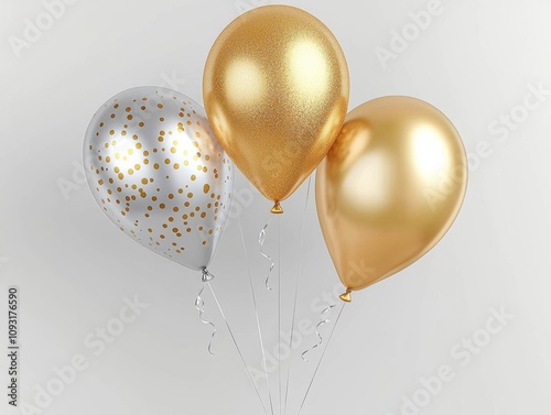 hyper realistic photo of  Three balloons in gold and silver with gold glitter on a white background. , isolated on white background,  , copy space, copy space for text, photo