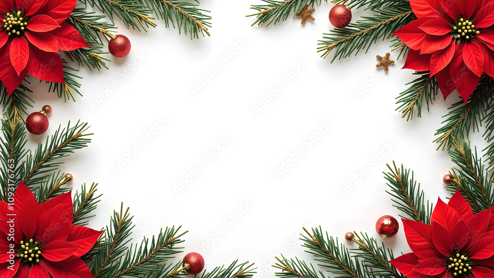 Christmas frame with poinsettia and fir branches. Concept of winter holidays, celebration, and festive season. Christmas frame with poinsettia and fir branches. Concept of winter holidays, celebration, and festive season.