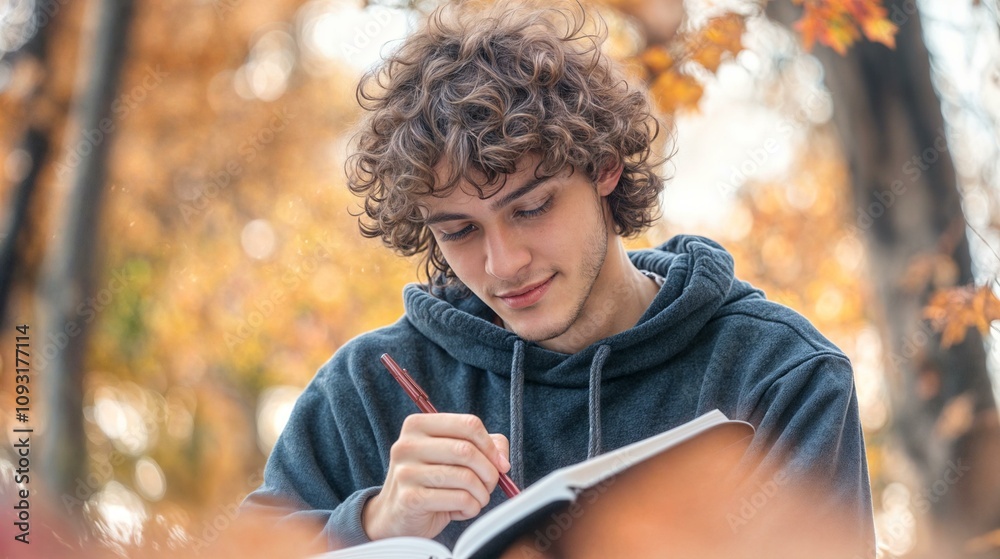 Fototapeta premium The image shows a young man with curly brown hair, wearing a gray hoodie, sitting and writing in a book