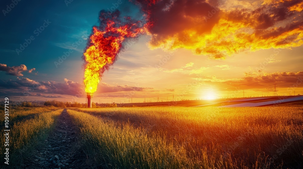A vibrant sunset over a field with smoke and flames from an industrial chimney, showcasing the contrast of nature and industry.