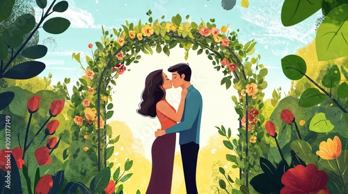 romantic scene of a man and woman kissing under a decorative arch, set against a backdrop of a garden with vibrant flowers. photo