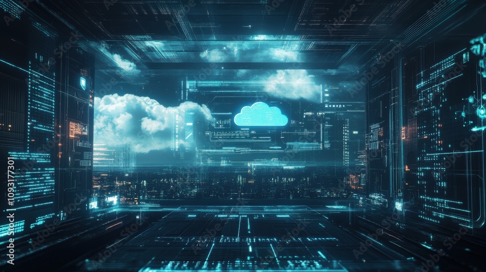 Futuristic Cyber City with a Cloud Icon in the Center Futuristic Cyber City with a Cloud Icon in the Center